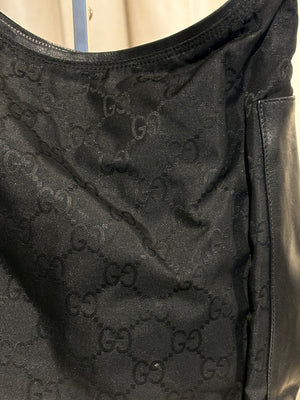 Gucci Vintage GG Monogram Canvas Hobo Shoulder Bag Black Leather Trim Silver Tone Hardware