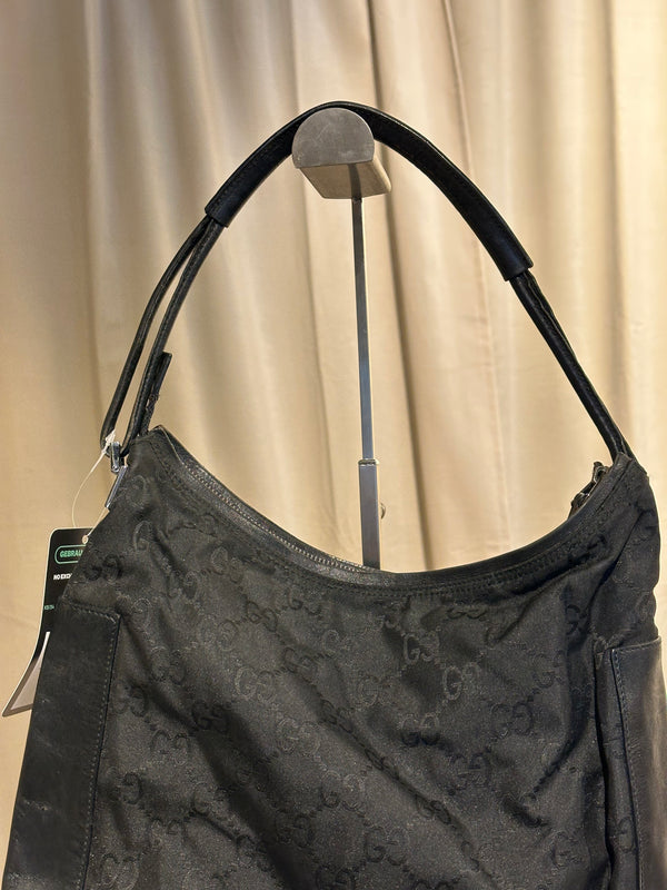 Gucci Vintage GG Monogram Canvas Hobo Shoulder Bag Black Leather Trim Silver Tone Hardware