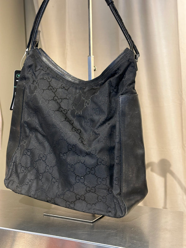 Gucci Vintage GG Monogram Canvas Hobo Shoulder Bag Black Leather Trim Silver Tone Hardware