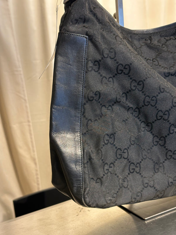 Gucci Vintage GG Monogram Canvas Hobo Shoulder Bag Black Leather Trim Silver Tone Hardware