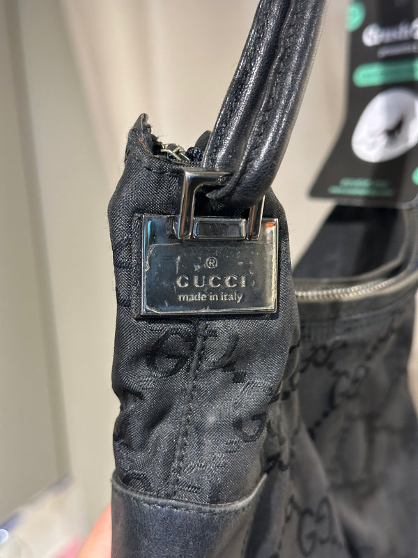 Gucci Vintage GG Monogram Canvas Hobo Shoulder Bag Black Leather Trim Silver Tone Hardware