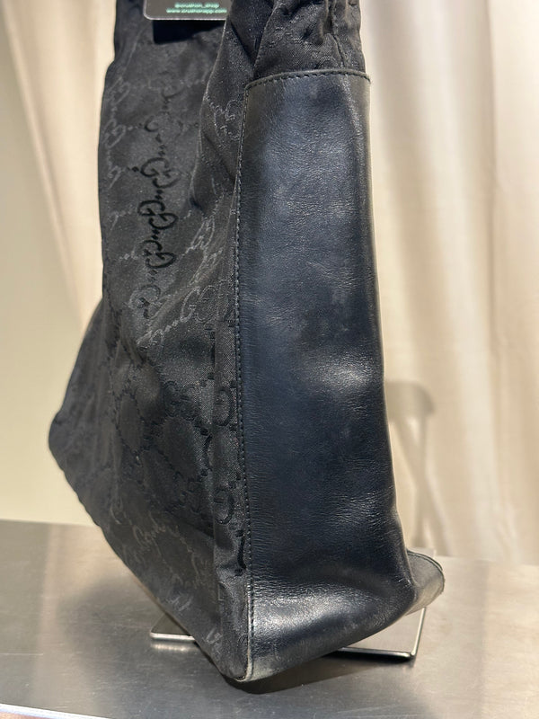 Gucci Vintage GG Monogram Canvas Hobo Shoulder Bag Black Leather Trim Silver Tone Hardware