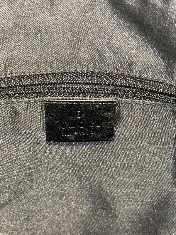 Gucci Vintage GG Monogram Canvas Hobo Shoulder Bag Black Leather Trim Silver Tone Hardware