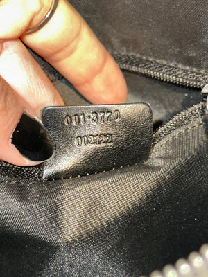 Gucci Vintage GG Monogram Canvas Hobo Shoulder Bag Black Leather Trim Silver Tone Hardware