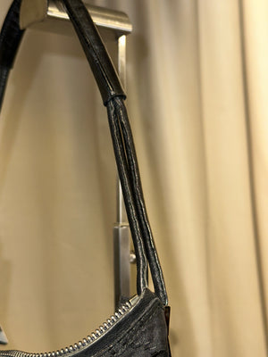 Gucci Vintage GG Monogram Canvas Hobo Shoulder Bag Black Leather Trim Silver Tone Hardware
