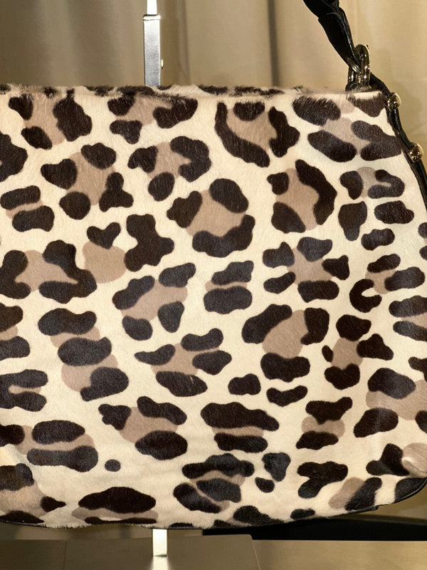 Stuart Weitzman Vintage Leopard Print Pony Hair Shoulder Bag Black Braided Chain Handle Gold Tone Hardware