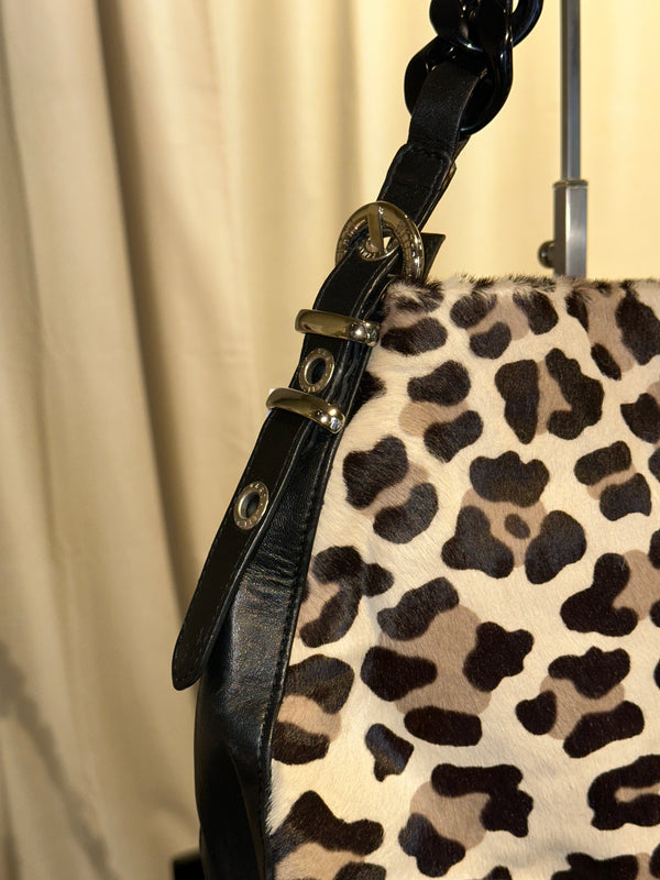 Stuart Weitzman Vintage Leopard Print Pony Hair Shoulder Bag Black Braided Chain Handle Gold Tone Hardware