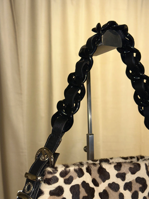 Stuart Weitzman Vintage Leopard Print Pony Hair Shoulder Bag Black Braided Chain Handle Gold Tone Hardware