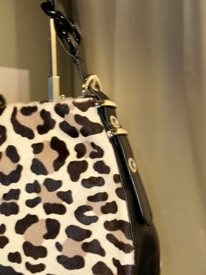 Stuart Weitzman Vintage Leopard Print Pony Hair Shoulder Bag Black Braided Chain Handle Gold Tone Hardware