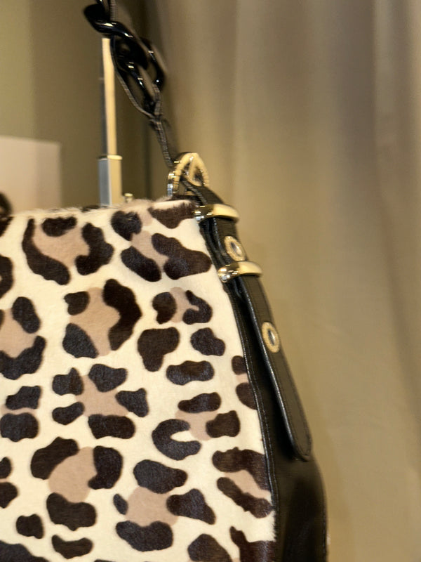 Stuart Weitzman Vintage Leopard Print Pony Hair Shoulder Bag Black Braided Chain Handle Gold Tone Hardware