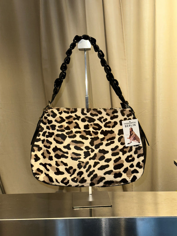 Stuart Weitzman Vintage Leopard Print Pony Hair Shoulder Bag Black Braided Chain Handle Gold Tone Hardware