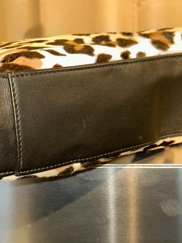 Stuart Weitzman Vintage Leopard Print Pony Hair Shoulder Bag Black Braided Chain Handle Gold Tone Hardware