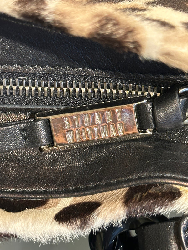 Stuart Weitzman Vintage Leopard Print Pony Hair Shoulder Bag Black Braided Chain Handle Gold Tone Hardware