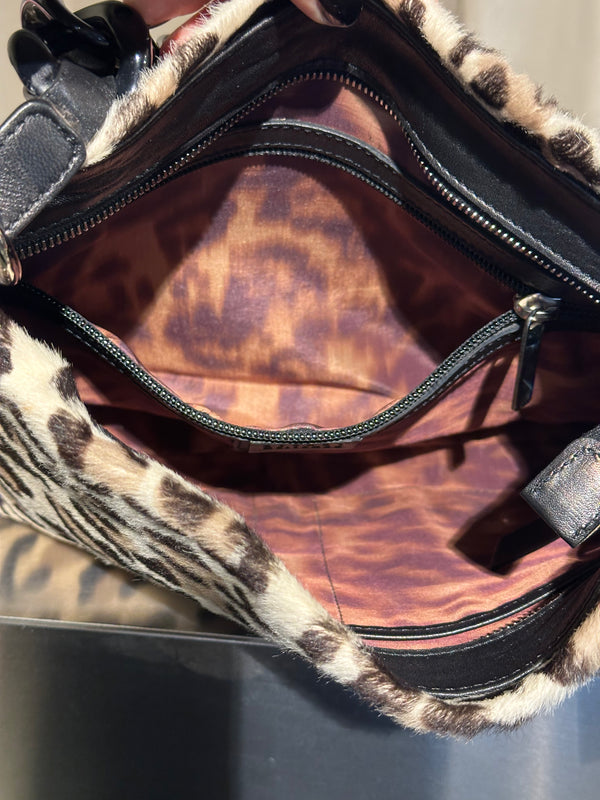 Stuart Weitzman Vintage Leopard Print Pony Hair Shoulder Bag Black Braided Chain Handle Gold Tone Hardware
