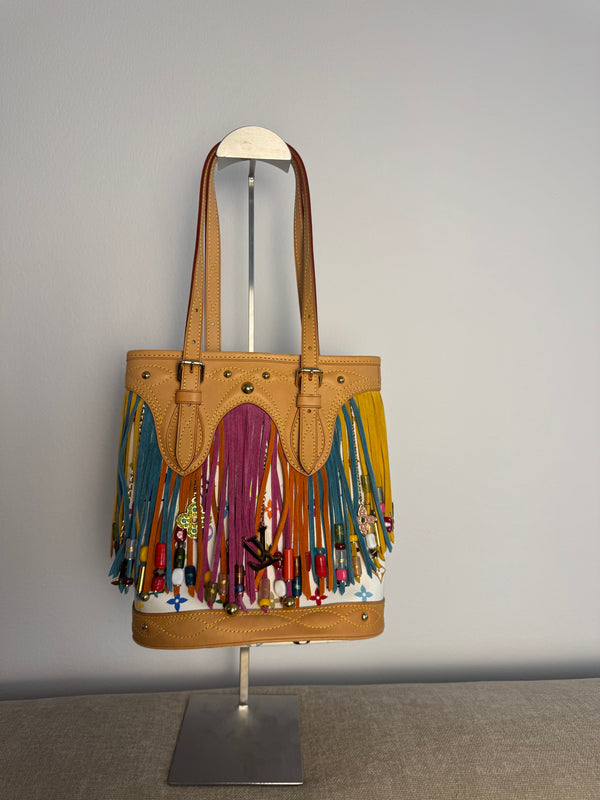 Louis Vuitton x Takashi Murakami Fringe Bucket Bag M40109 White Multicolor S/S 2006 Charm Vintage Monogram Collectors Western Tassel Boho Chic