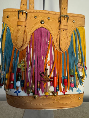 Louis Vuitton x Takashi Murakami Fringe Bucket Bag M40109 White Multicolor S/S 2006 Charm Vintage Monogram Collectors Western Tassel Boho Chic