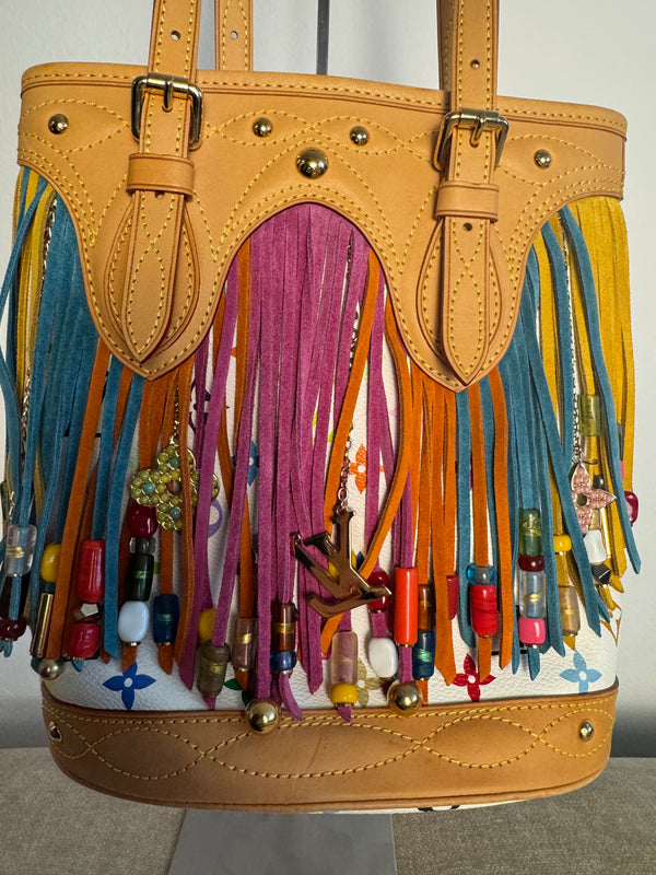Louis Vuitton x Takashi Murakami Fringe Bucket Bag M40109 White Multicolor S/S 2006 Charm Vintage Monogram Collectors Western Tassel Boho Chic