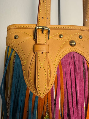 Louis Vuitton x Takashi Murakami Fringe Bucket Bag M40109 White Multicolor S/S 2006 Charm Vintage Monogram Collectors Western Tassel Boho Chic