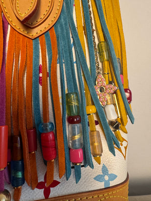 Louis Vuitton x Takashi Murakami Fringe Bucket Bag M40109 White Multicolor S/S 2006 Charm Vintage Monogram Collectors Western Tassel Boho Chic