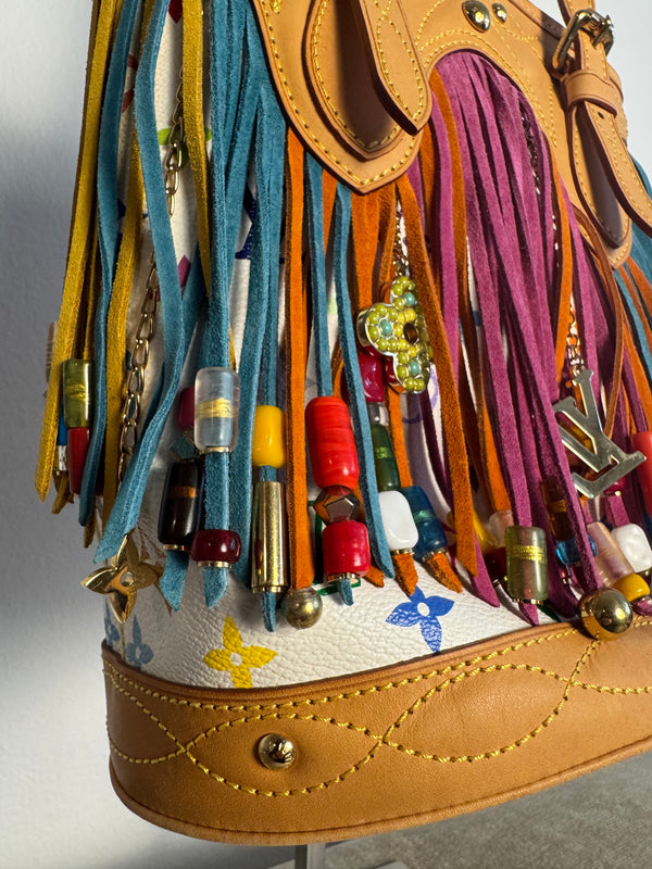 Louis Vuitton x Takashi Murakami Fringe Bucket Bag M40109 White Multicolor S/S 2006 Charm Vintage Monogram Collectors Western Tassel Boho Chic