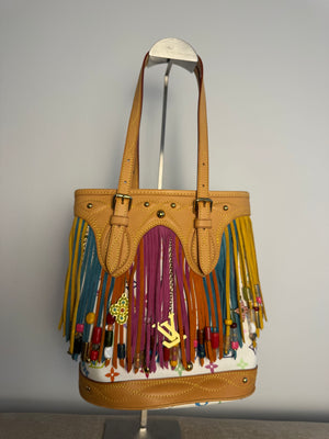 Louis Vuitton x Takashi Murakami Fringe Bucket Bag M40109 White Multicolor S/S 2006 Charm Vintage Monogram Collectors Western Tassel Boho Chic