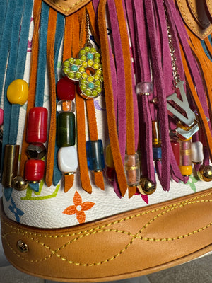 Louis Vuitton x Takashi Murakami Fringe Bucket Bag M40109 White Multicolor S/S 2006 Charm Vintage Monogram Collectors Western Tassel Boho Chic