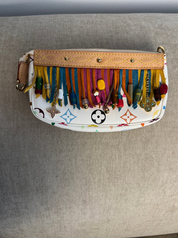 Louis Vuitton x Takashi Murakami Fringe Bucket Bag M40109 White Multicolor S/S 2006 Charm Vintage Monogram Collectors Western Tassel Boho Chic