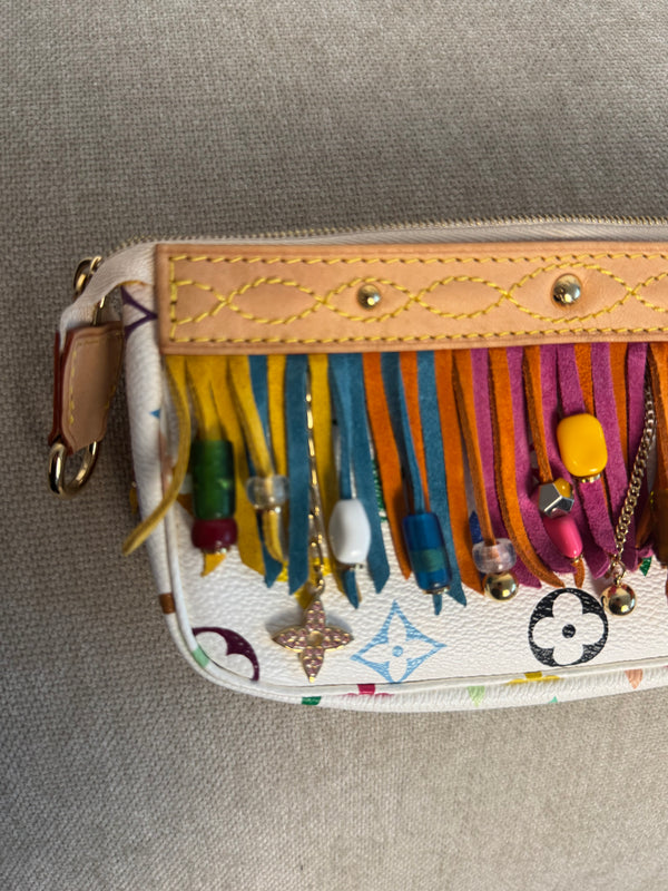 Louis Vuitton x Takashi Murakami Fringe Bucket Bag M40109 White Multicolor S/S 2006 Charm Vintage Monogram Collectors Western Tassel Boho Chic