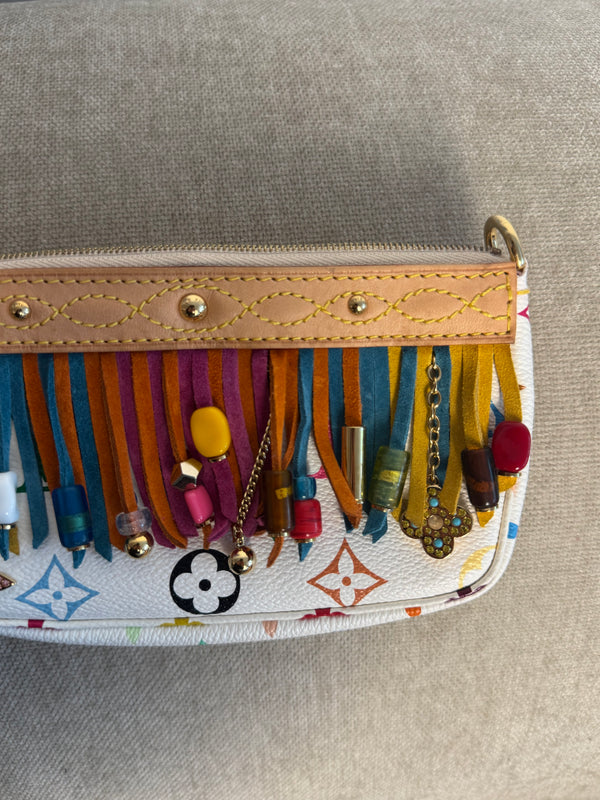 Louis Vuitton x Takashi Murakami Fringe Bucket Bag M40109 White Multicolor S/S 2006 Charm Vintage Monogram Collectors Western Tassel Boho Chic