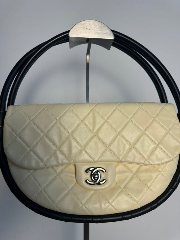 Chanel Iconic S/S 2013 Karl Lagerfeld Hula Hoop White CC flap Black trim Quilted Calfskin Mini