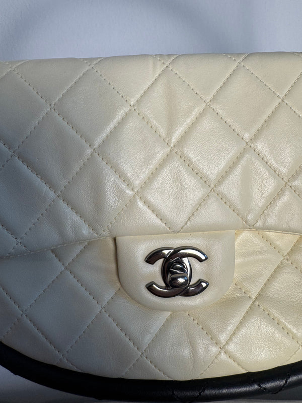 Chanel Iconic S/S 2013 Karl Lagerfeld Hula Hoop White CC flap Black trim Quilted Calfskin Mini