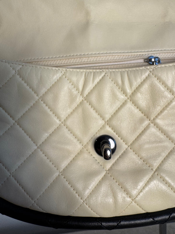 Chanel Iconic S/S 2013 Karl Lagerfeld Hula Hoop White CC flap Black trim Quilted Calfskin Mini