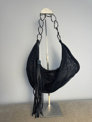 Chanel Black Mesh Hobo Bag Ruthenium Hardware Chain Link Fringe Tassel 2003/2004 Karl Lagerfeld CC Coco Mark Black Monochrome `Chanel' Spell out