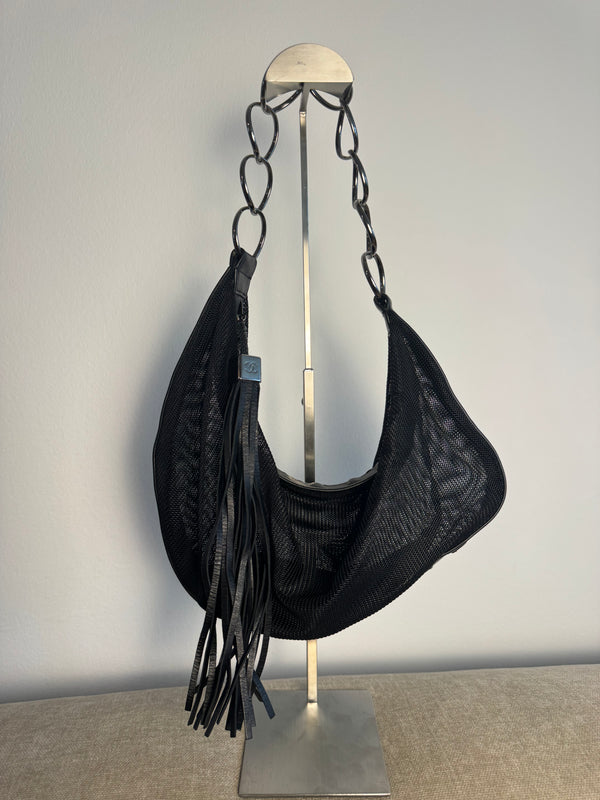 Chanel Black Mesh Hobo Bag Ruthenium Hardware Chain Link Fringe Tassel 2003/2004 Karl Lagerfeld CC Coco Mark Black Monochrome `Chanel' Spell out