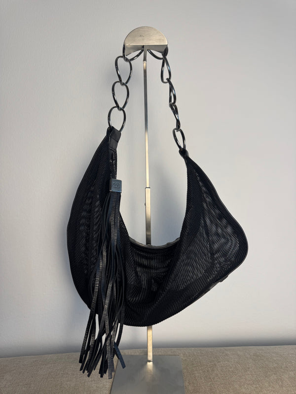 Chanel Black Mesh Hobo Bag Ruthenium Hardware Chain Link Fringe Tassel 2003/2004 Karl Lagerfeld CC Coco Mark Black Monochrome `Chanel' Spell out