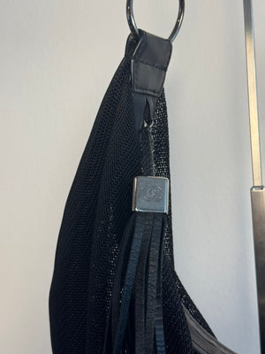 Chanel Black Mesh Hobo Bag Ruthenium Hardware Chain Link Fringe Tassel 2003/2004 Karl Lagerfeld CC Coco Mark Black Monochrome `Chanel' Spell out
