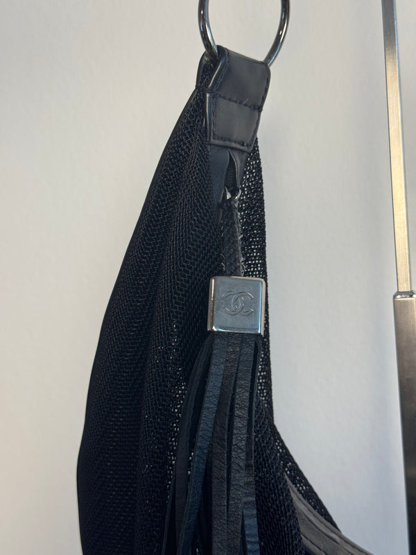 Chanel Black Mesh Hobo Bag Ruthenium Hardware Chain Link Fringe Tassel 2003/2004 Karl Lagerfeld CC Coco Mark Black Monochrome `Chanel' Spell out
