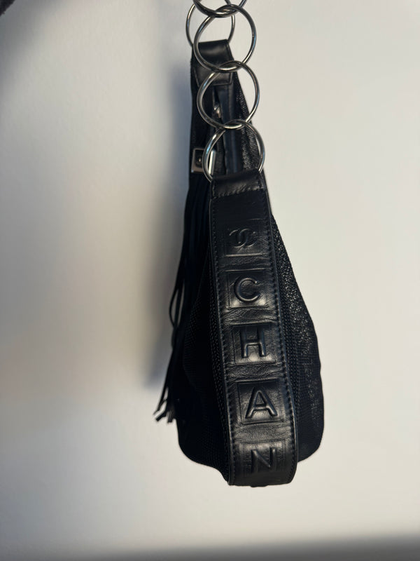 Chanel Black Mesh Hobo Bag Ruthenium Hardware Chain Link Fringe Tassel 2003/2004 Karl Lagerfeld CC Coco Mark Black Monochrome `Chanel' Spell out