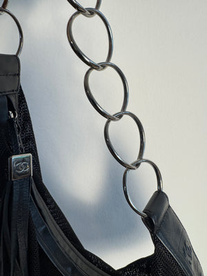 Chanel Black Mesh Hobo Bag Ruthenium Hardware Chain Link Fringe Tassel 2003/2004 Karl Lagerfeld CC Coco Mark Black Monochrome `Chanel' Spell out