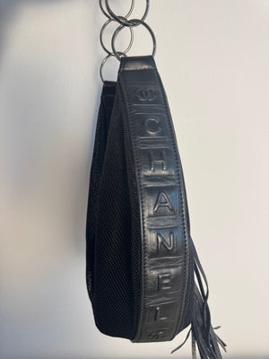 Chanel Black Mesh Hobo Bag Ruthenium Hardware Chain Link Fringe Tassel 2003/2004 Karl Lagerfeld CC Coco Mark Black Monochrome `Chanel' Spell out