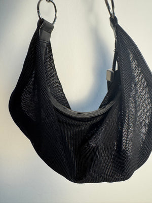 Chanel Black Mesh Hobo Bag Ruthenium Hardware Chain Link Fringe Tassel 2003/2004 Karl Lagerfeld CC Coco Mark Black Monochrome `Chanel' Spell out
