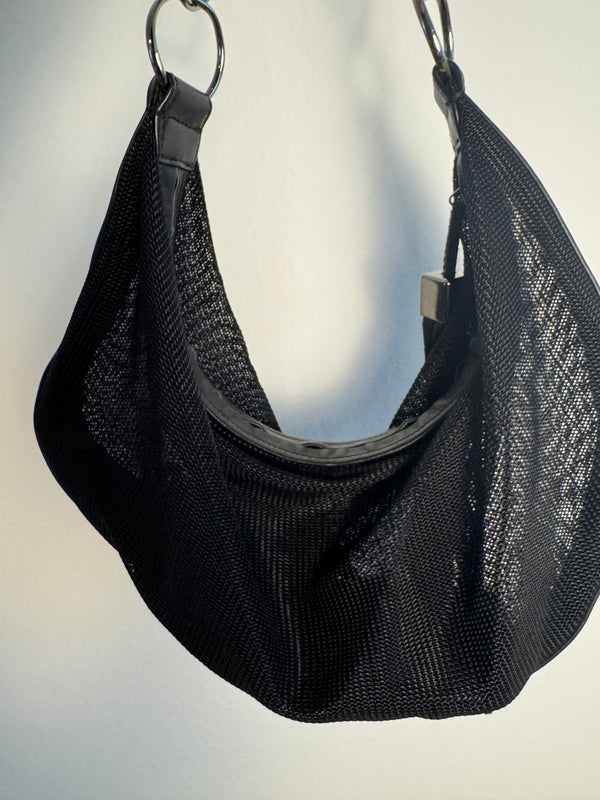 Chanel Black Mesh Hobo Bag Ruthenium Hardware Chain Link Fringe Tassel 2003/2004 Karl Lagerfeld CC Coco Mark Black Monochrome `Chanel' Spell out