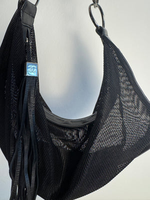 Chanel Black Mesh Hobo Bag Ruthenium Hardware Chain Link Fringe Tassel 2003/2004 Karl Lagerfeld CC Coco Mark Black Monochrome `Chanel' Spell out