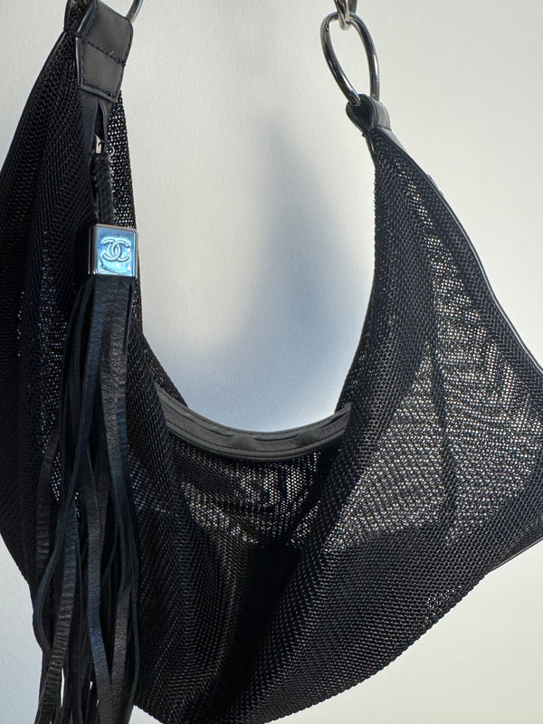Chanel Black Mesh Hobo Bag Ruthenium Hardware Chain Link Fringe Tassel 2003/2004 Karl Lagerfeld CC Coco Mark Black Monochrome `Chanel' Spell out