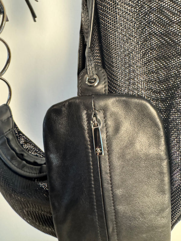 Chanel Black Mesh Hobo Bag Ruthenium Hardware Chain Link Fringe Tassel 2003/2004 Karl Lagerfeld CC Coco Mark Black Monochrome `Chanel' Spell out