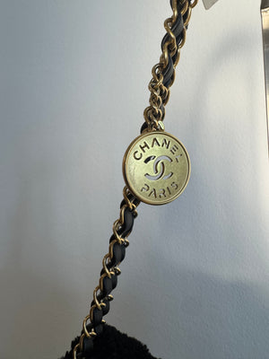 Chanel 2023 Shearling Trim Quilted Small 22 Lambskin Hobo Bag Black Gold Leather CC Coco Mark Chain Strap