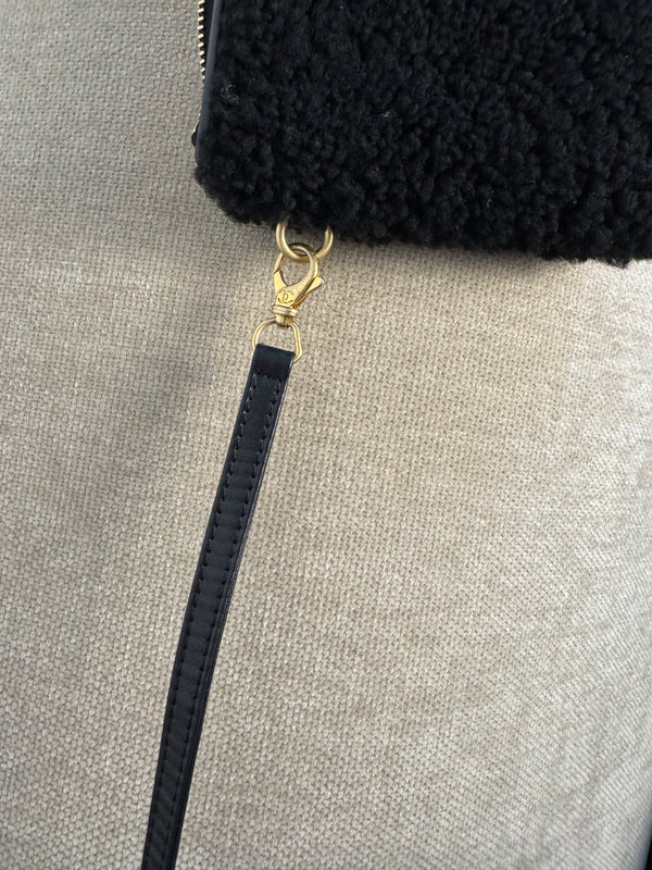 Chanel 2023 Shearling Trim Quilted Small 22 Lambskin Hobo Bag Black Gold Leather CC Coco Mark Chain Strap