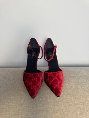 Gucci Tom Ford Vintage F/W 1997 deep red velvet GG embossed D'Orsay pointed toe stiletto heels silver hardware
