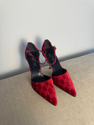 Gucci Tom Ford Vintage F/W 1997 deep red velvet GG embossed D'Orsay pointed toe stiletto heels silver hardware