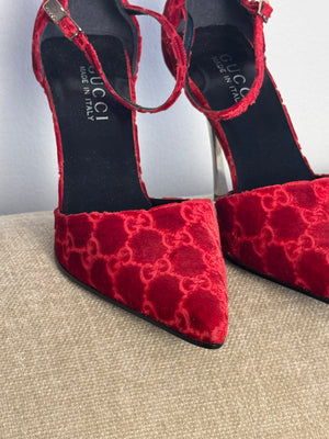 Gucci Tom Ford Vintage F/W 1997 deep red velvet GG embossed D'Orsay pointed toe stiletto heels silver hardware